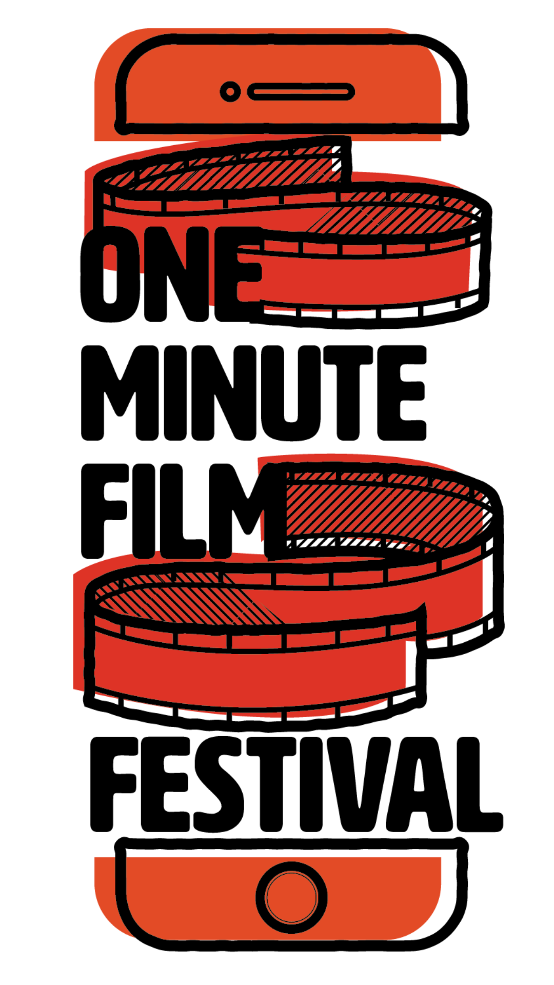 One Minute Film Festival logo with film reels in black and red